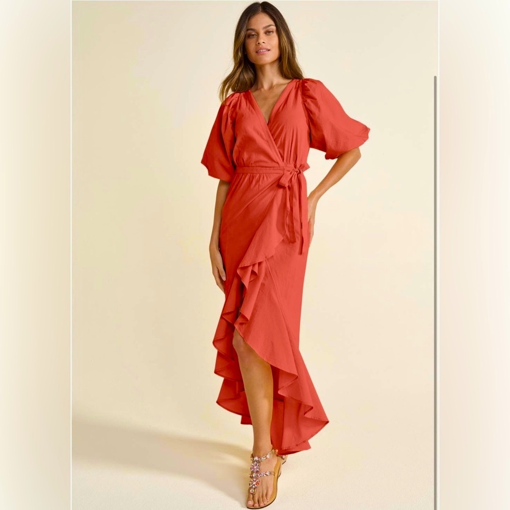 Burnt orange puff sleeve ruffle wrap dress